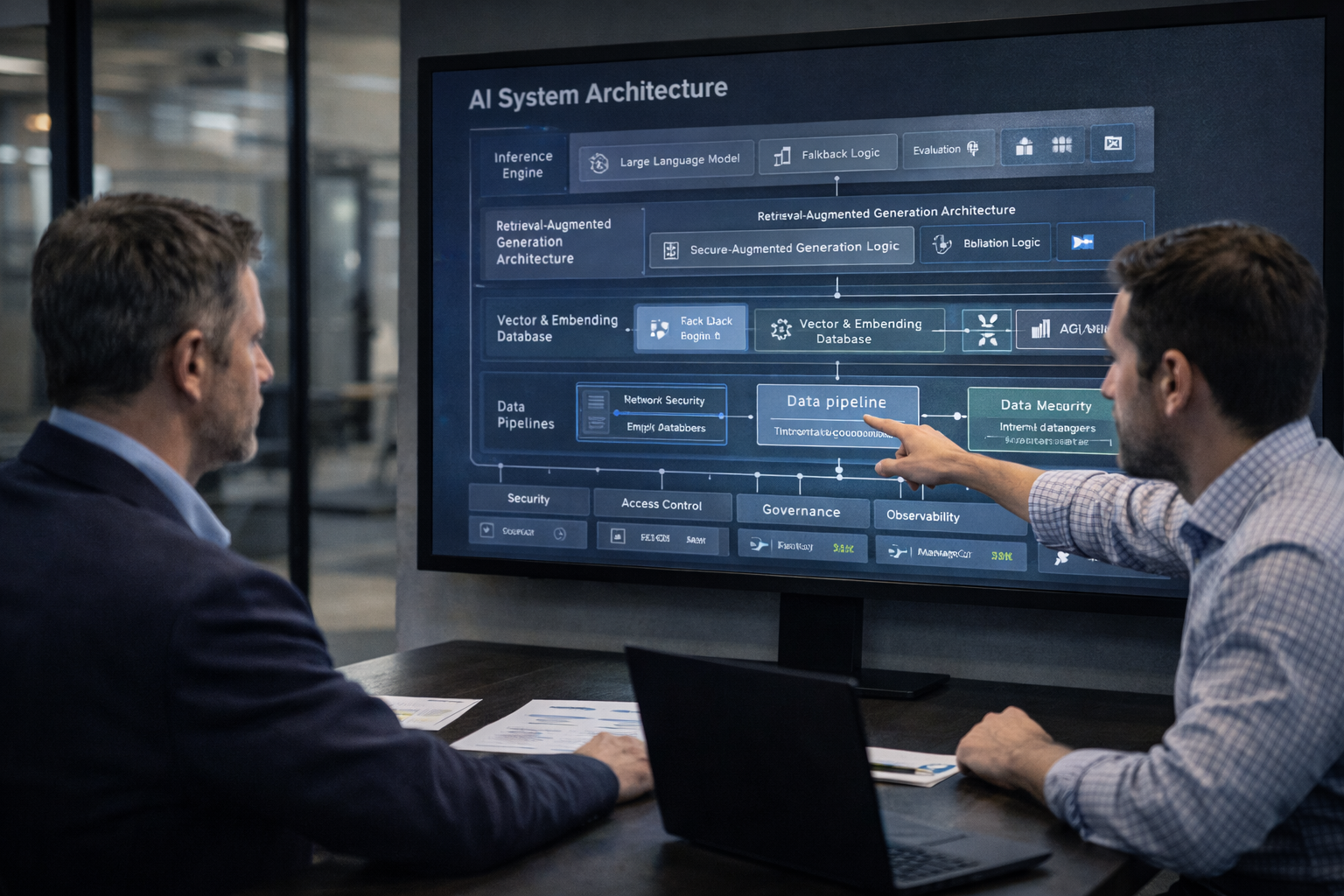 Executive and technical architect reviewing layered AI system architecture in a corporate boardroom.